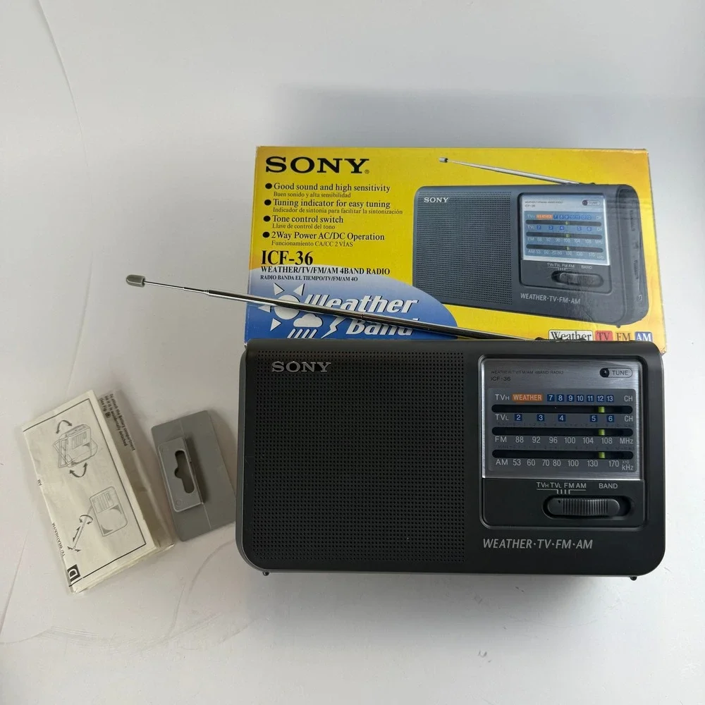 Sony ICF-36 Portable Radio Weather TV FM AM Gray Tone Control 5W Like New